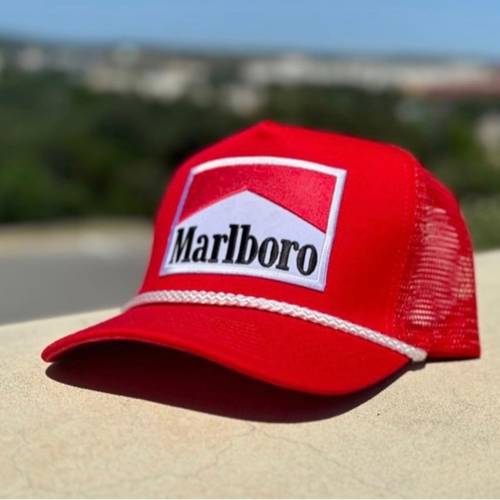 Marlboro Red Mesh Trucker Cap with White Logo Trim